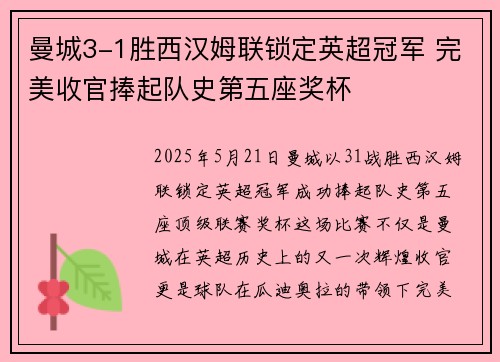 曼城3-1胜西汉姆联锁定英超冠军 完美收官捧起队史第五座奖杯